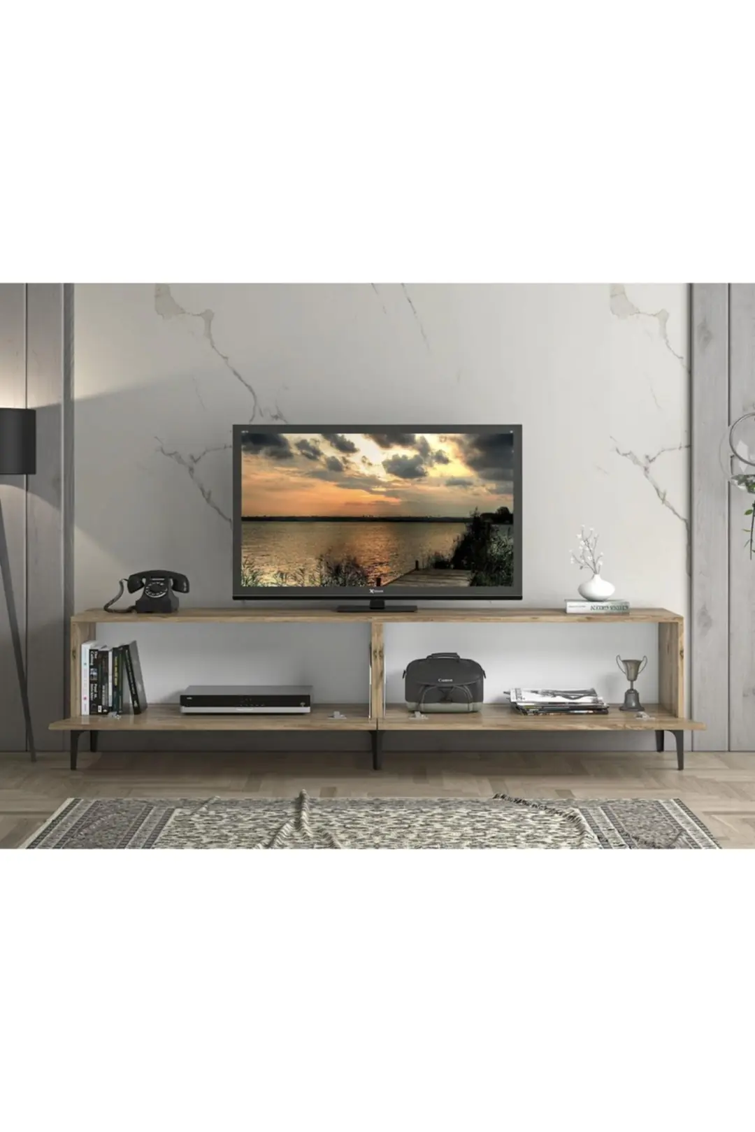 Vega Premium 200 Cm Geniş Dolaplı Metal Ayaklı Tv Ünitesi - Atlantik Çam / Siyah